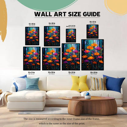 A Wall Art Size Guide graphic showing multiple frame sizes with the floral print, positioned above a white couch. Sizes include 12×16 in, 14×18 in, 8.3×11.7 in (A4), 10×12 in, 15×21 in, 16×20 in, 16×24 in, and 20×28 in.