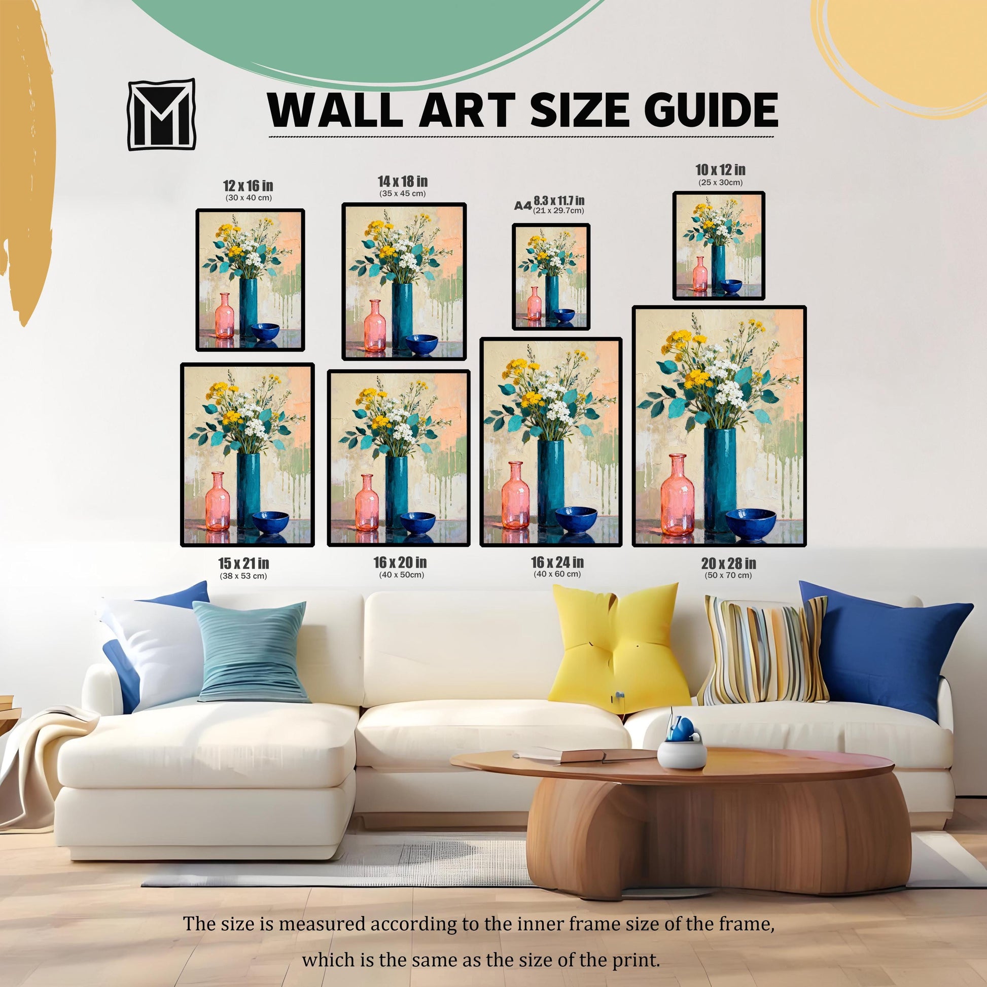 Wall art size guide showing various framed print dimensions (10x12, 12x16, 14x18, A4, 15x21, 16x20, 16x24, 20x28 inches) displayed above a white sofa for scale.