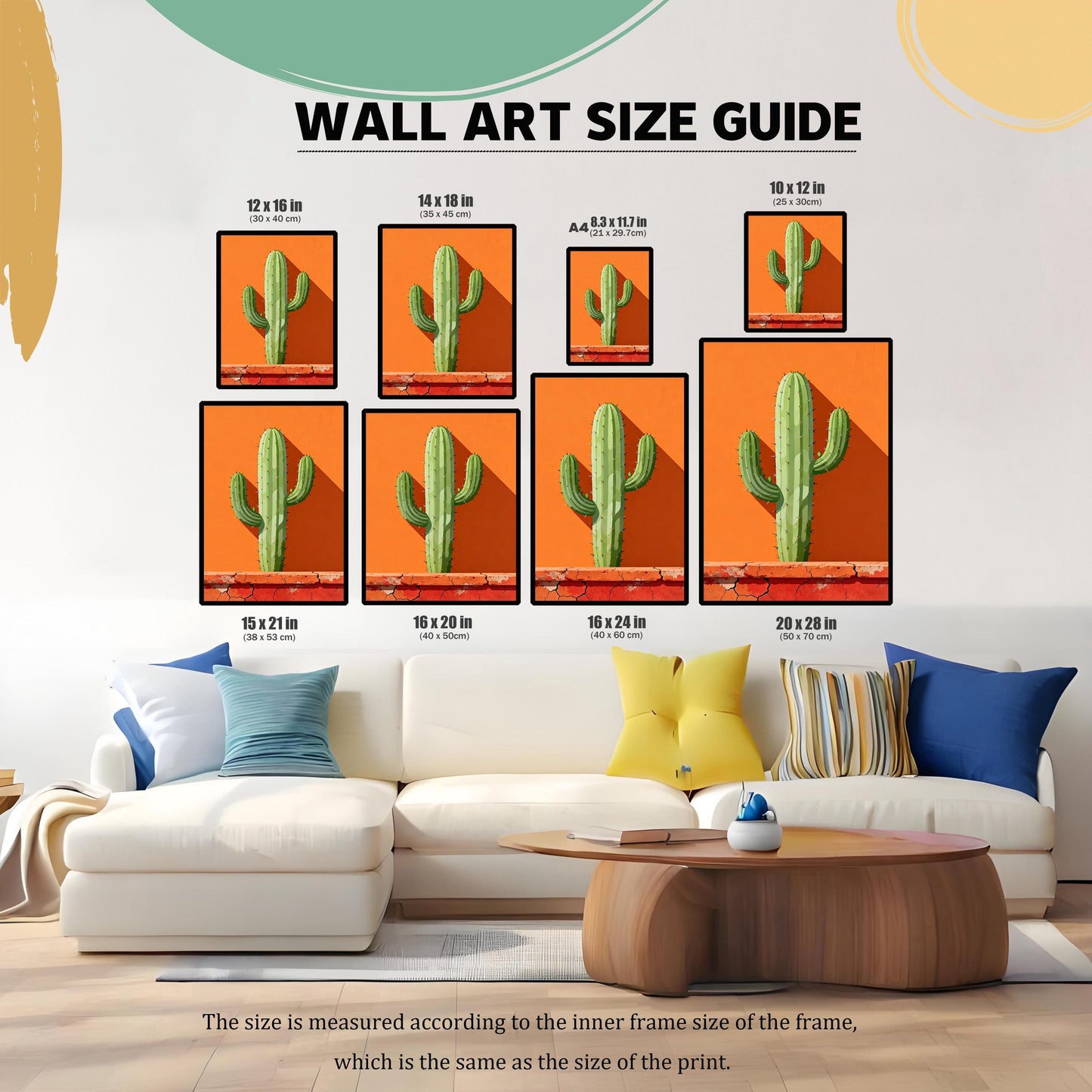 Wall art size guide showing various framed print dimensions (10x12, 12x16, 14x18, A4, 15x21, 16x20, 16x24, 20x28 inches) featuring the cactus art, displayed above a white sofa for scale.