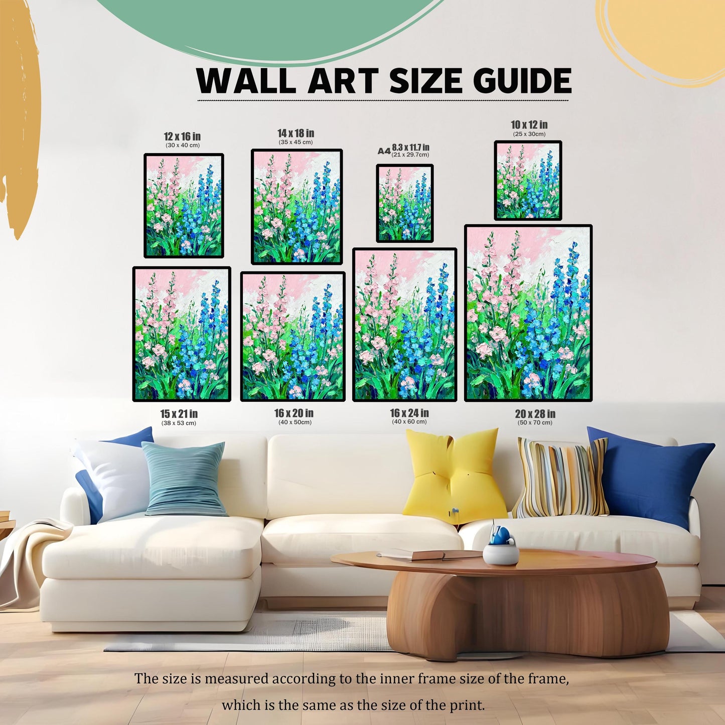 Wall Art Size Guide graphic, showing different print sizes (e.g., 12x16 in, 16x20 in, 20x28 in, A4) displayed above a white sofa. This image helps visualize the print's size relative to furniture.