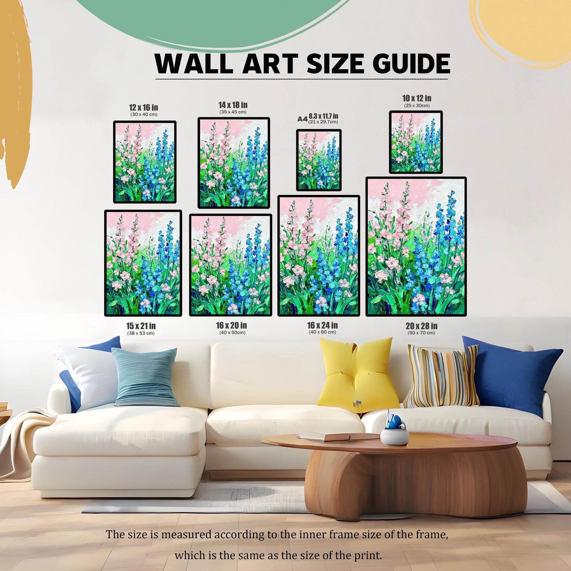 Wall Art Size Guide graphic, showing different print sizes (e.g., 12x16 in, 16x20 in, 20x28 in, A4) displayed above a white sofa. This image helps visualize the print's size relative to furniture.