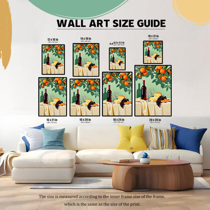 Wall Art Size Guide graphic, showing different print sizes (e.g., 12x16 in, 16x20 in, 20x28 in, A4) of the wine and cheese still life print displayed above a white sofa.