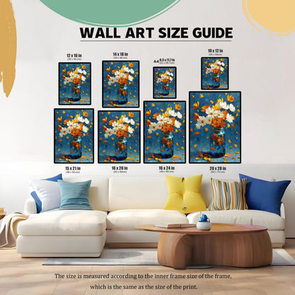 WALL ART SIZE GUIDE. The same framed floral artwork (black frame, no mount) is shown in multiple sizes on a wall above a white sectional sofa, including 12×16 in, 14×18 in, 16×20 in, 16×24 in, 10×12 in, 15×21 in, and 20×28 in.