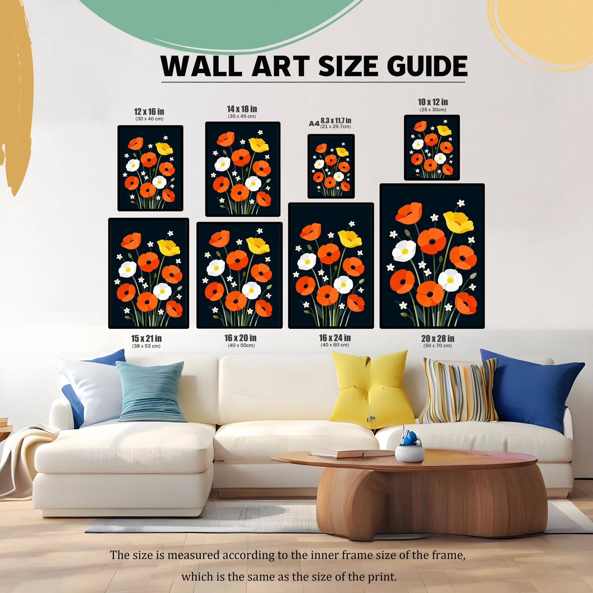 Wall Art Size Guide showing a vibrant print of stylized orange, white, and yellow poppies against a dark background, displayed in eight different frame sizes above a white sectional sofa. Sizes range from 8.3×11.7 in (A4) to 20×28 in.