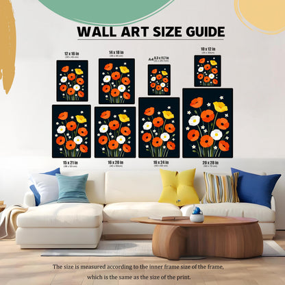 Wall Art Size Guide showing a vibrant print of stylized orange, white, and yellow poppies against a dark background, displayed in eight different frame sizes above a white sectional sofa. Sizes range from 8.3×11.7 in (A4) to 20×28 in.
