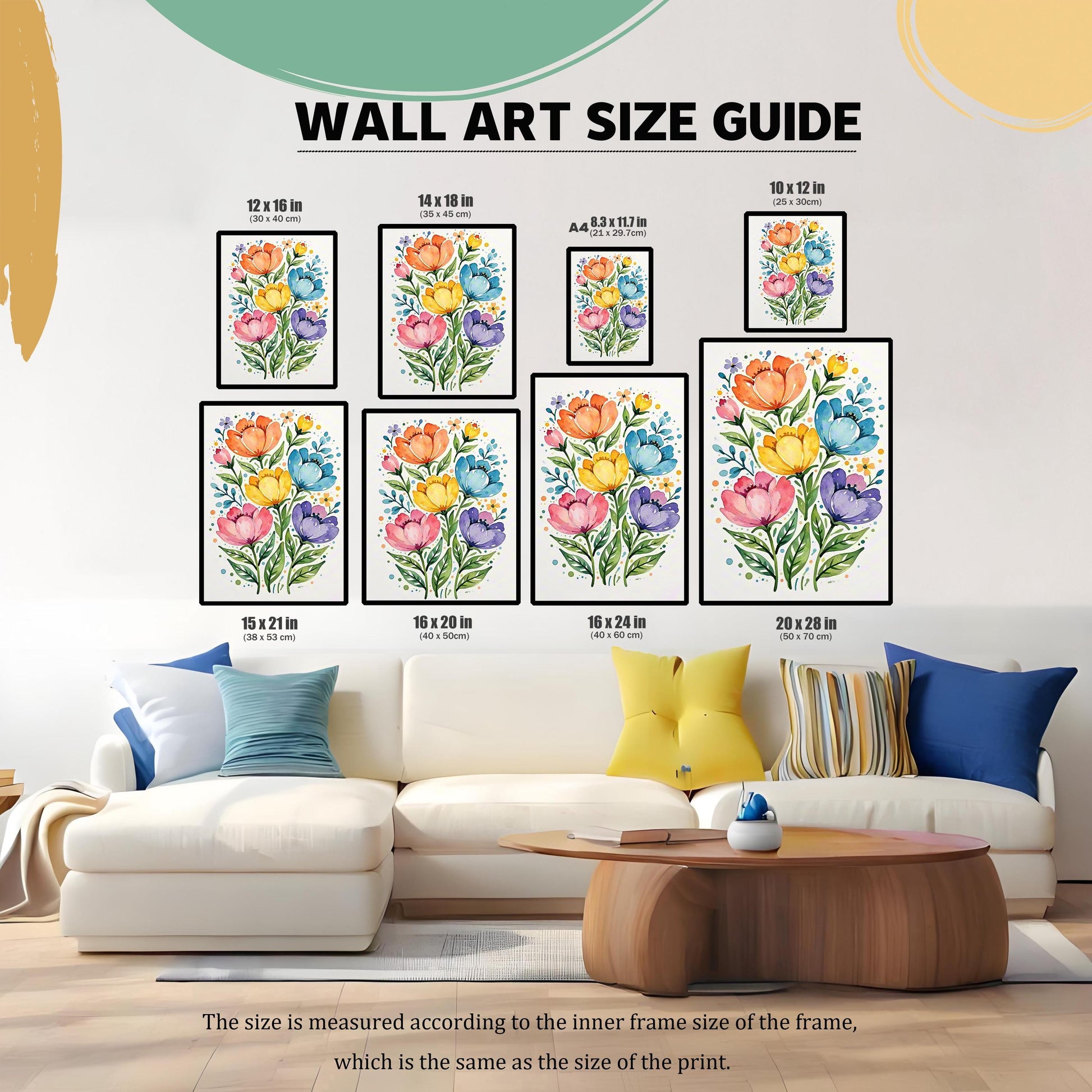 A size guide shows the floral print in various dimensions, including 12x16, 14x18, 8.3x11.7 (A4), 10x12, 15x21, 16x20, 16x24, and 20x28 inches, above a white couch.