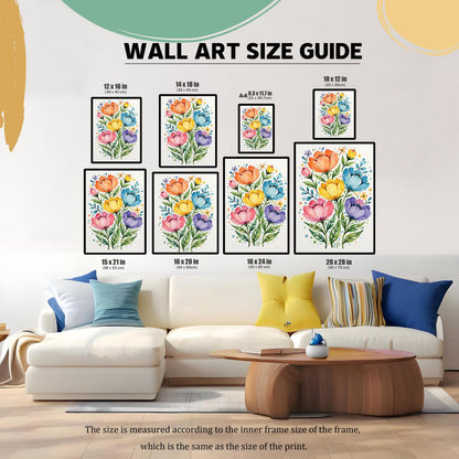 A size guide shows the floral print in various dimensions, including 12x16, 14x18, 8.3x11.7 (A4), 10x12, 15x21, 16x20, 16x24, and 20x28 inches, above a white couch.