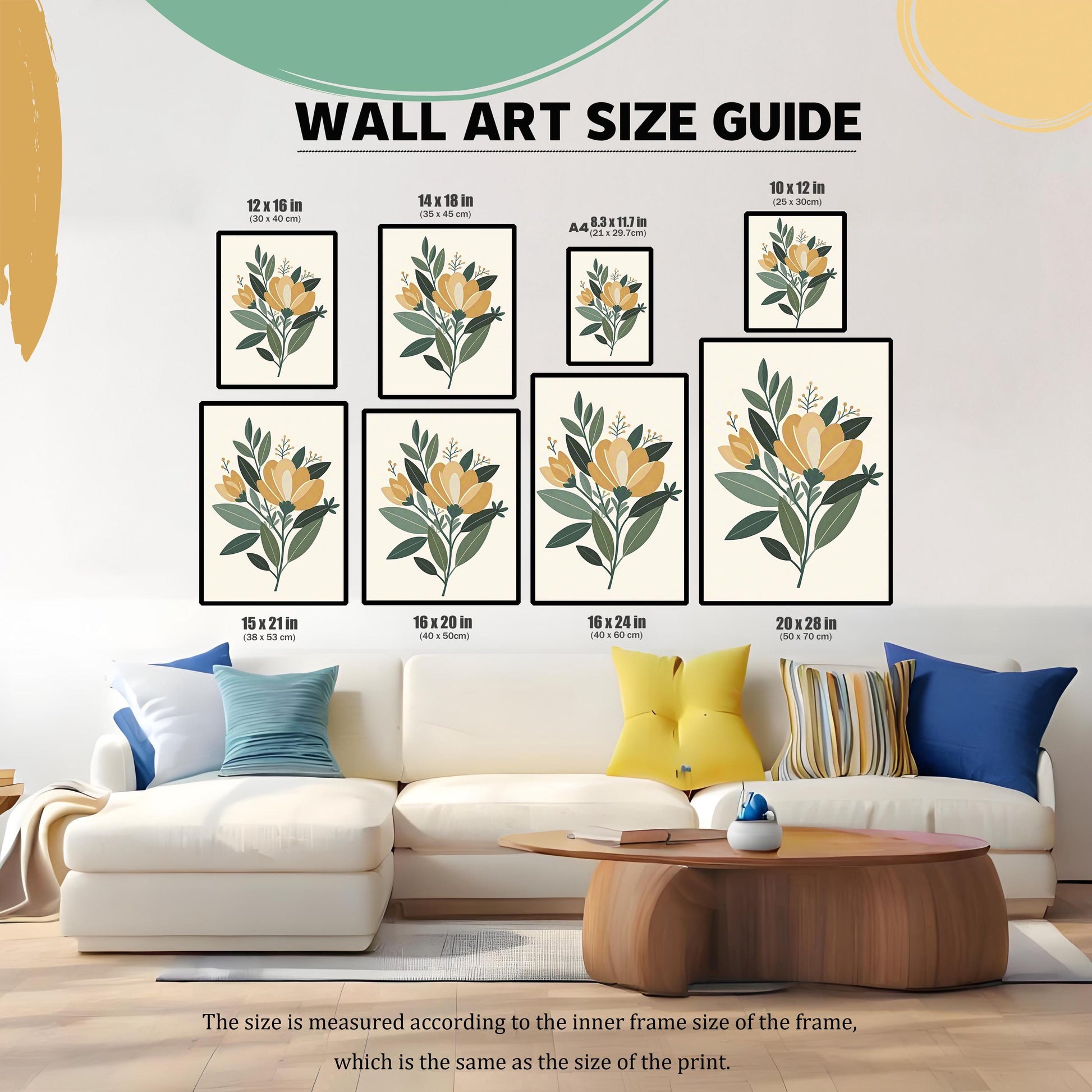 A size guide for wall art, showing the framed floral print in various sizes above a white couch. Sizes range from 10x12 inches to 20x28 inches.
