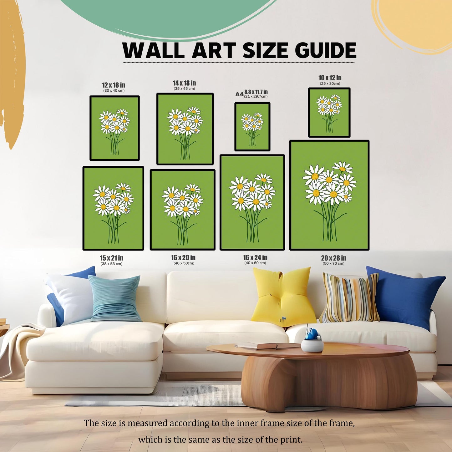 A wall art size guide showing various sizes of the daisy print art, from 10x12 inches to 20x28 inches, displayed above a white sofa.