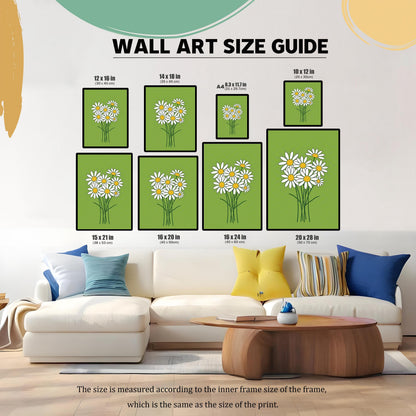 A wall art size guide showing various sizes of the daisy print art, from 10x12 inches to 20x28 inches, displayed above a white sofa.