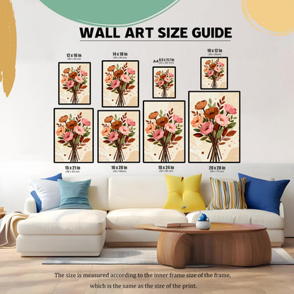 A wall art size guide showing various frame sizes in different proportions, from 8.3x11.7 inches to 20x28 inches, displayed above a white couch.