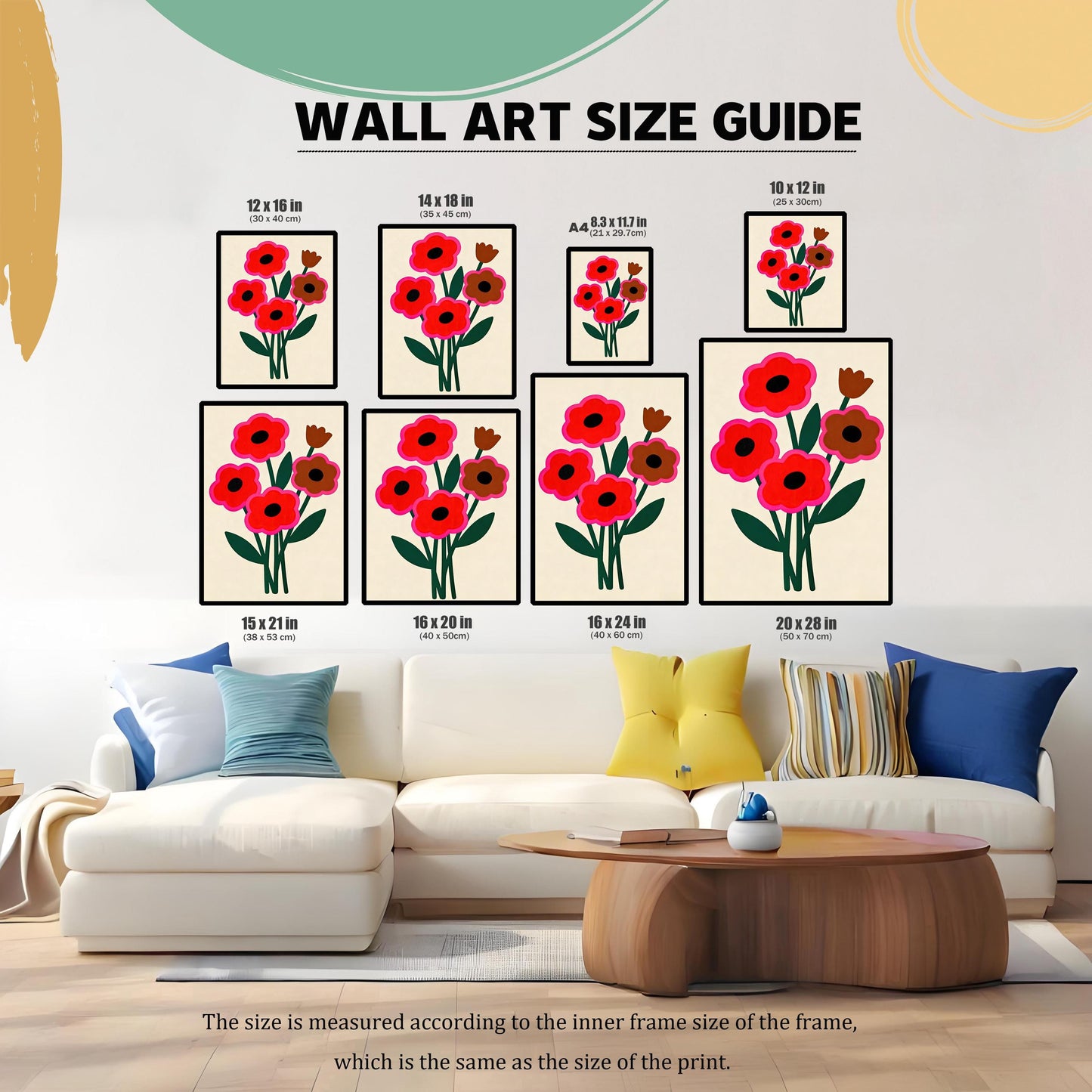A living room scene with a large white sectional sofa and a coffee table, showing a gallery wall of framed floral art in various sizes.