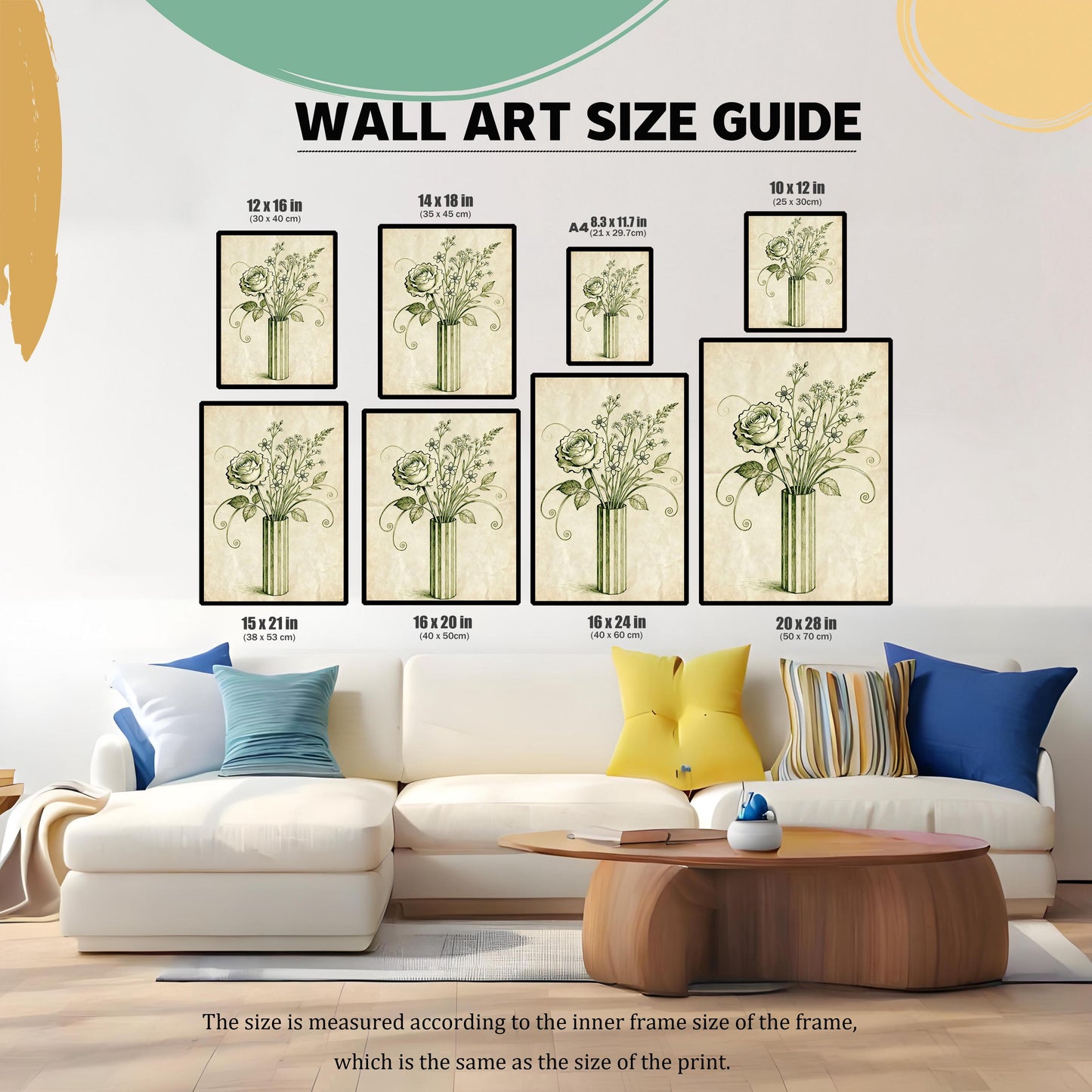 A size guide for the floral wall art. The image displays the art in various sizes above a couch and coffee table, with dimensions ranging from 8.3x11.7 inches to 20x28 inches.