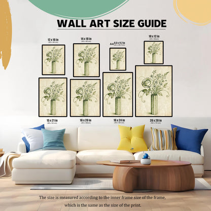 A size guide for the floral wall art. The image displays the art in various sizes above a couch and coffee table, with dimensions ranging from 8.3x11.7 inches to 20x28 inches.