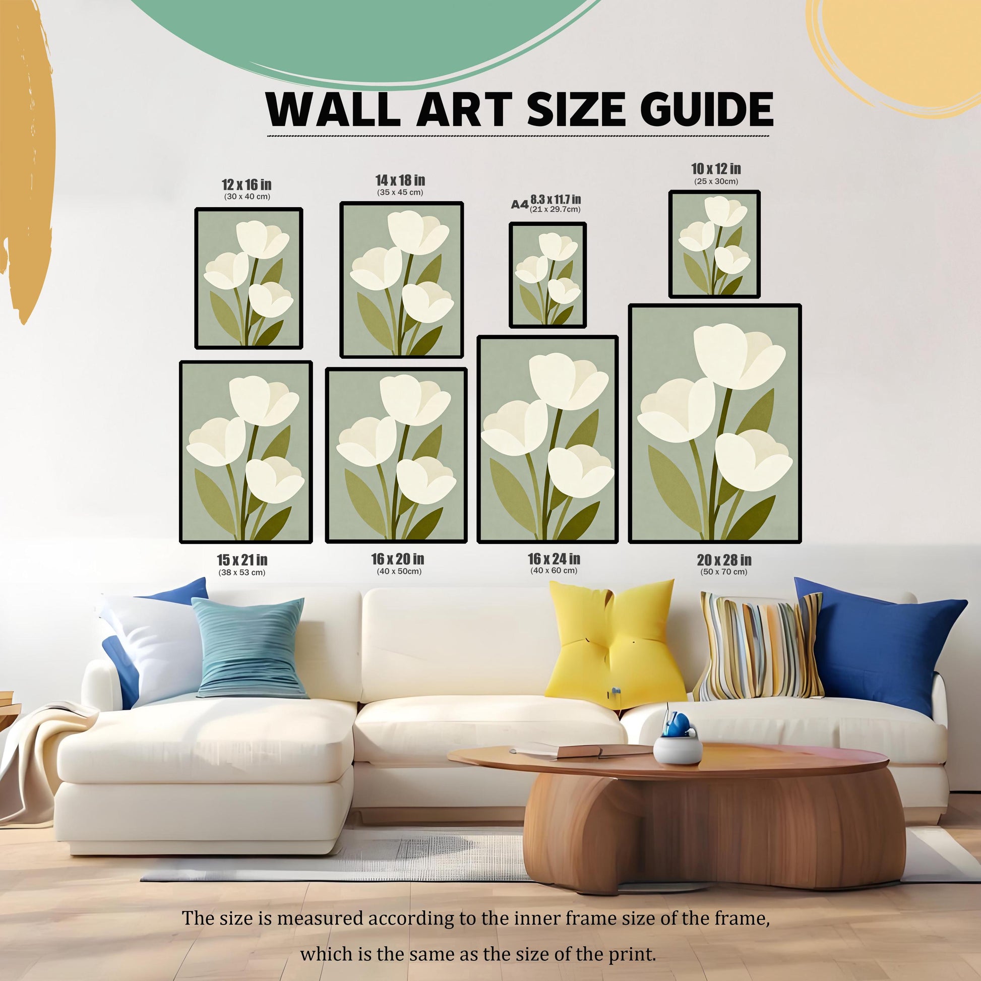 A size guide for the tulip wall art. The image displays the art in various sizes above a couch and coffee table, with dimensions ranging from 8.3x11.7 inches to 20x28 inches.