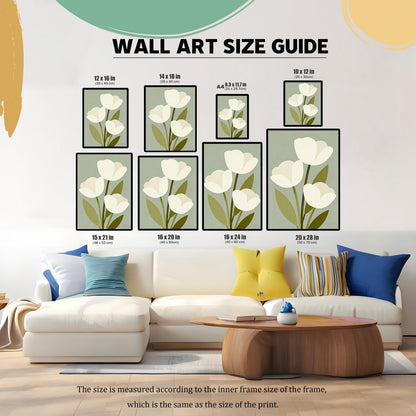 A size guide for the tulip wall art. The image displays the art in various sizes above a couch and coffee table, with dimensions ranging from 8.3x11.7 inches to 20x28 inches.