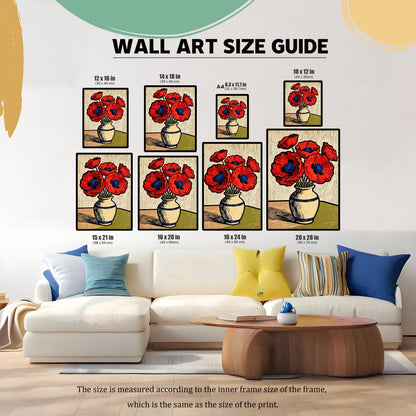 A size guide for the poppy wall art. The image displays the art in various sizes above a couch and coffee table, with dimensions ranging from 8.3x11.7 inches to 20x28 inches.
