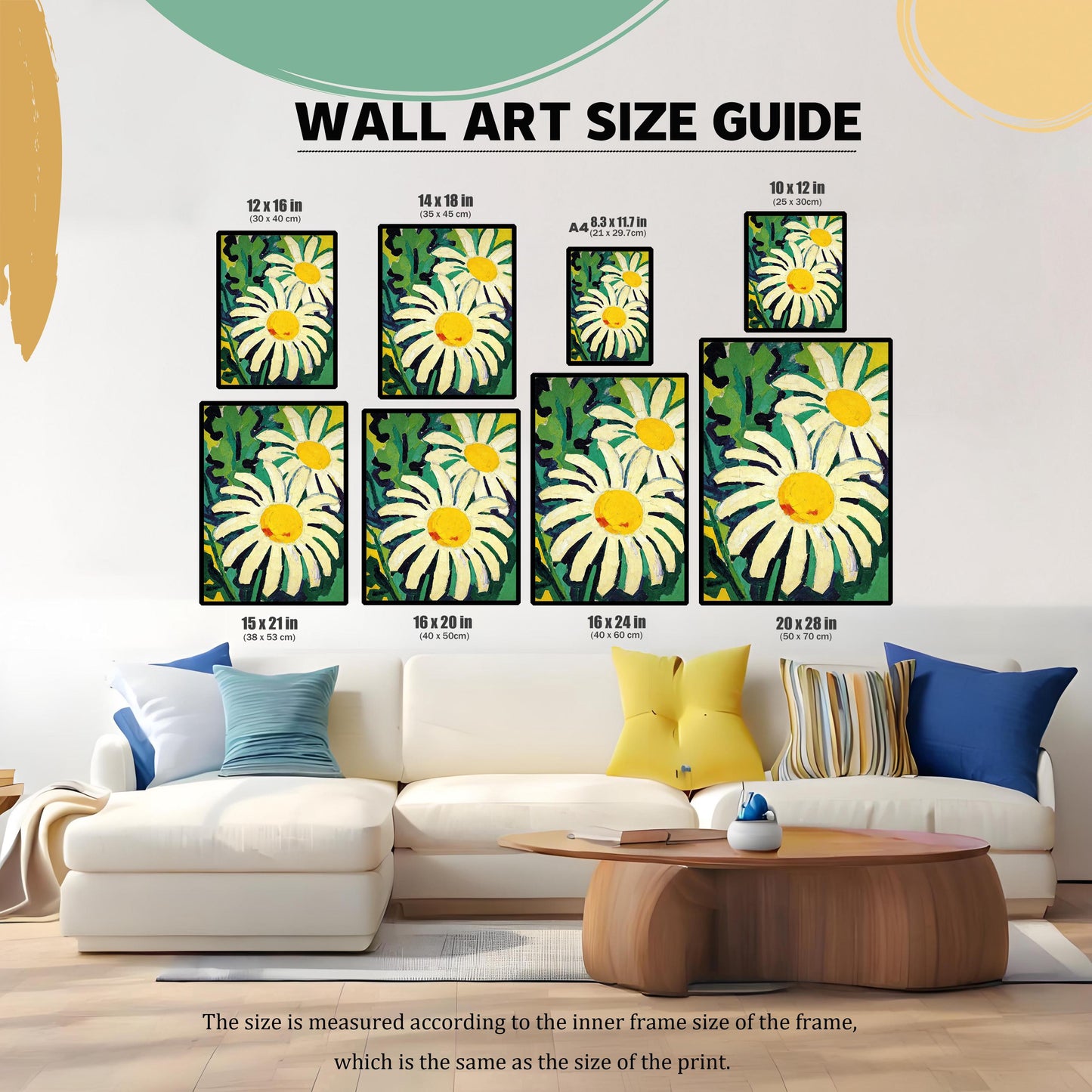 A size guide for the daisy wall art. The image displays the art in various sizes above a couch and coffee table, with dimensions ranging from 8.3x11.7 inches to 20x28 inches.