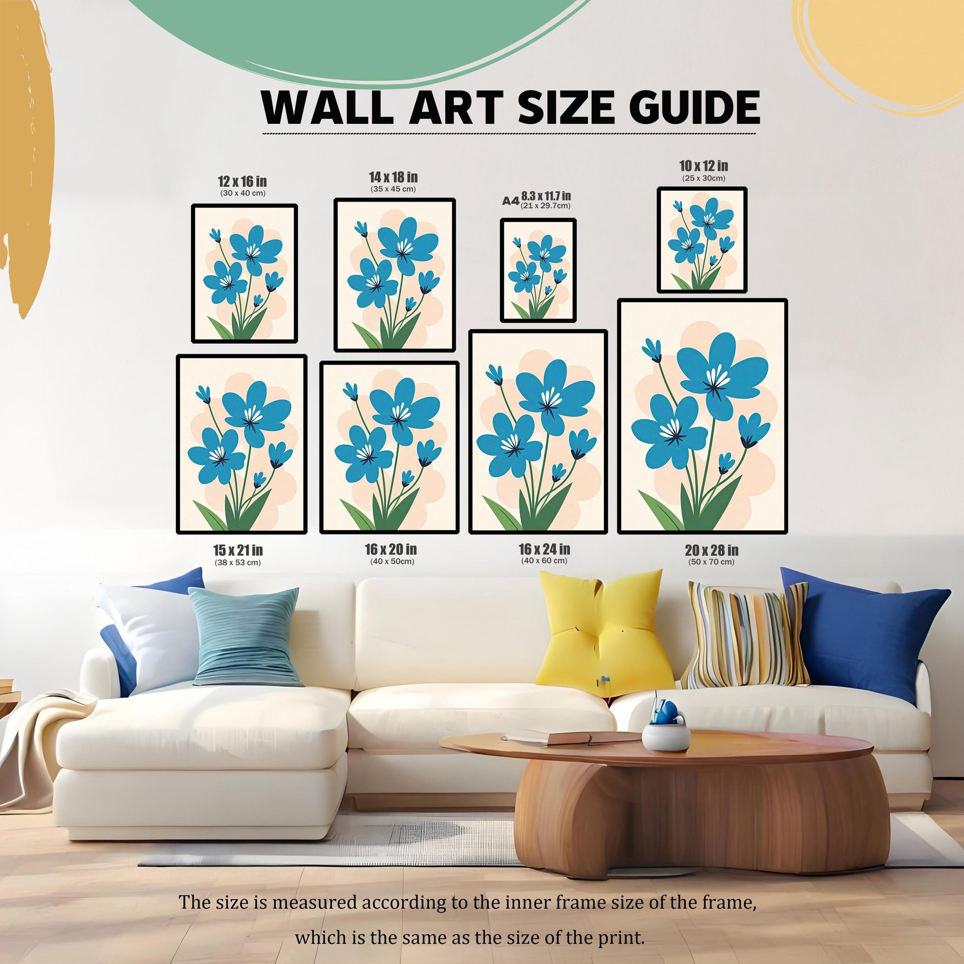 A collage of the blue flower painting in various sizes arranged over a picture of a living room sofa, illustrating a "Wall Art Size Guide." Different print sizes are labeled in inches and centimeters.