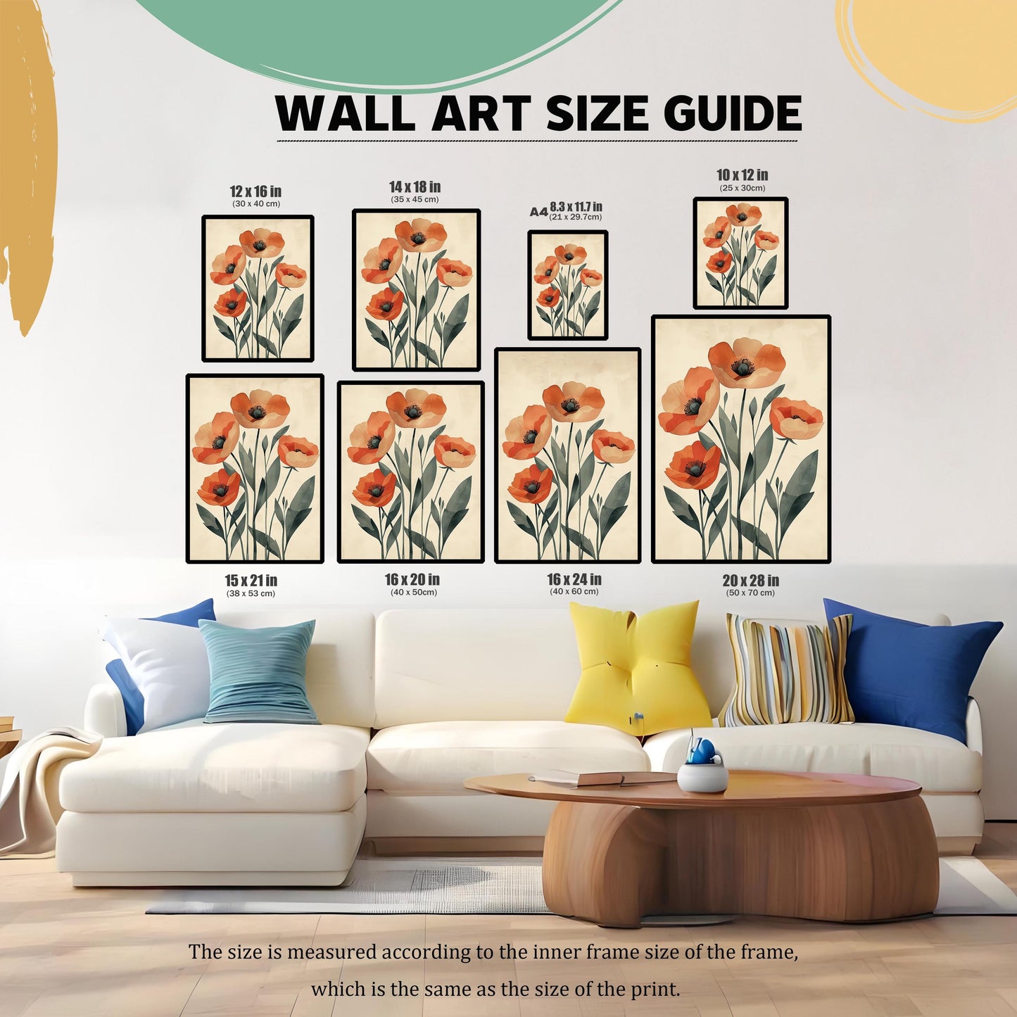 A living room with a couch and coffee table, showing multiple sizes of wall art with a poppy pattern arranged on the wall to demonstrate a size guide.