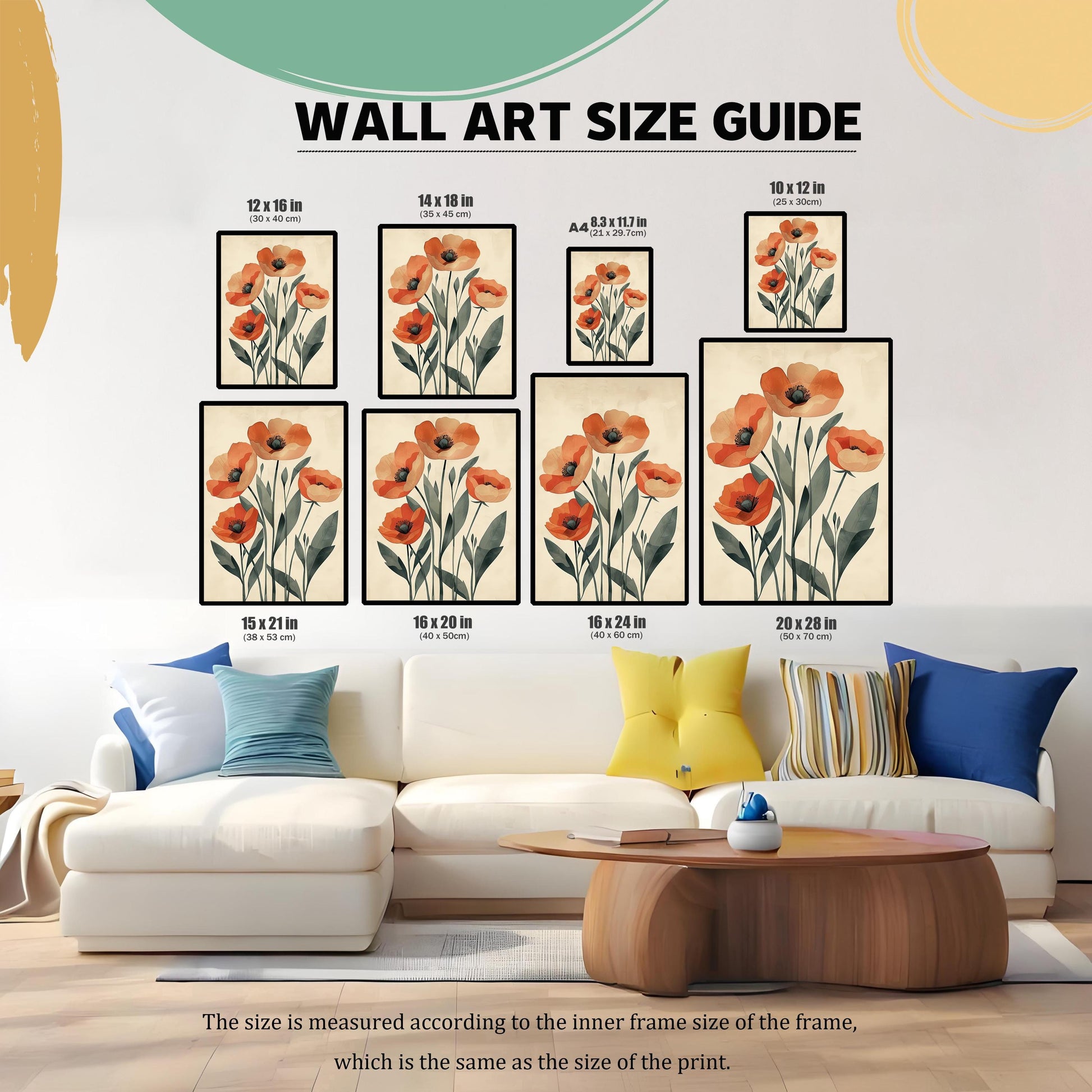 A living room with a couch and coffee table, showing multiple sizes of wall art with a poppy pattern arranged on the wall to demonstrate a size guide.