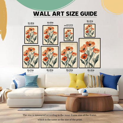 A living room with a couch and coffee table, showing multiple sizes of wall art with a poppy pattern arranged on the wall to demonstrate a size guide.