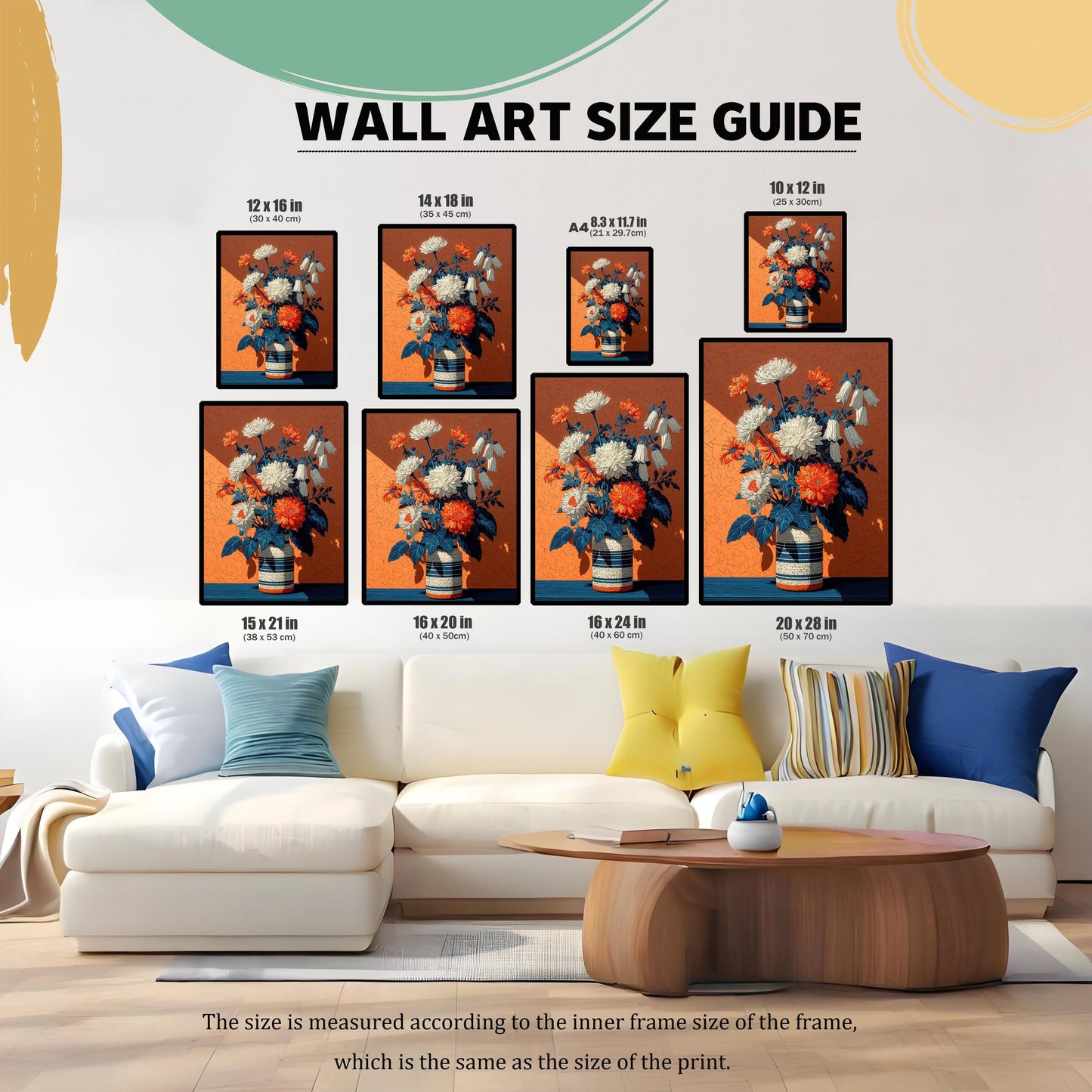 A living room with a couch and coffee table, showing multiple sizes of floral wall art arranged on the wall to demonstrate a size guide.