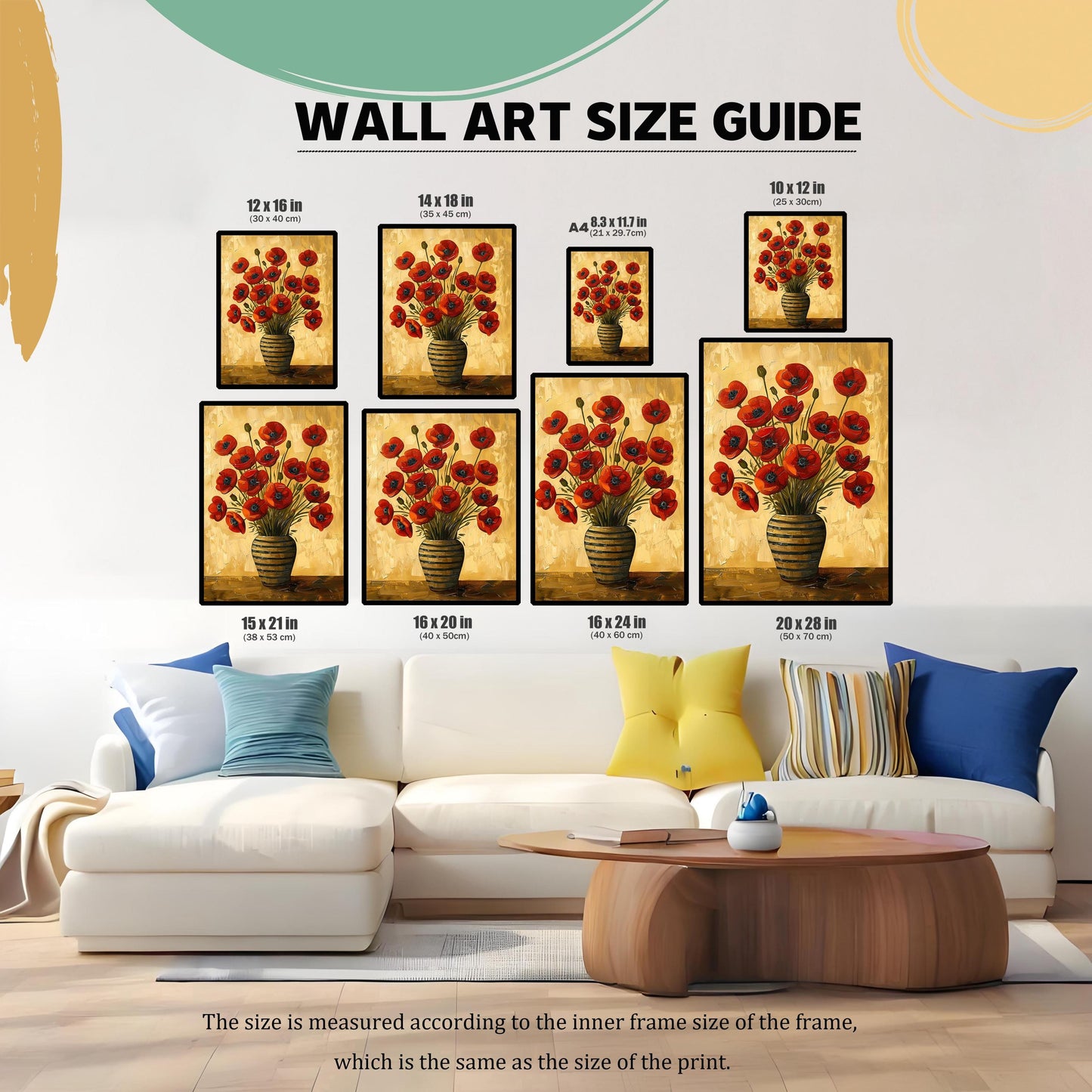 A guide to different art print sizes arranged on a wall above a couch. Several prints of red poppies show various dimensions and their appearance in a living room setting.
