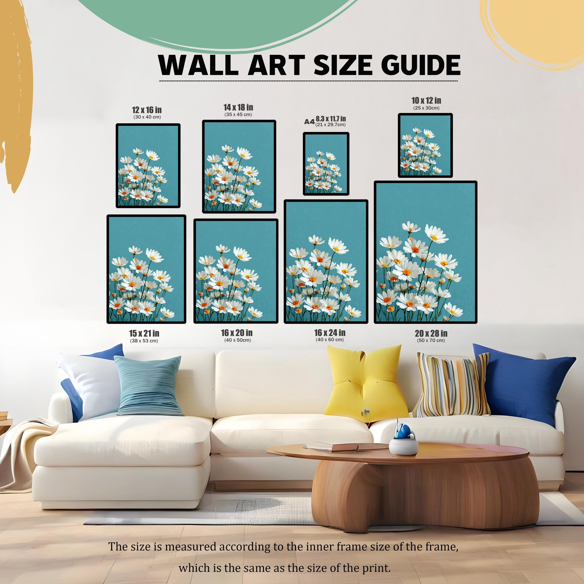 A guide to different art print sizes arranged on a wall above a couch. Several prints of white daisies show various dimensions and their appearance in a living room setting.