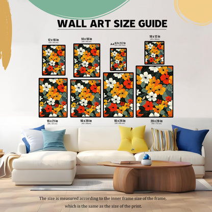 A guide to different art print sizes arranged on a wall above a couch. Several prints of colorful flowers show various dimensions and their appearance in a living room setting.