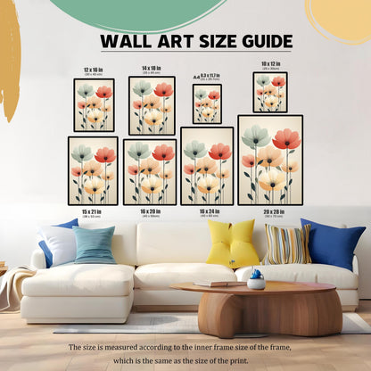 A guide to different art print sizes arranged on a wall above a couch. Several prints of abstract flowers show various dimensions and their appearance in a living room setting.