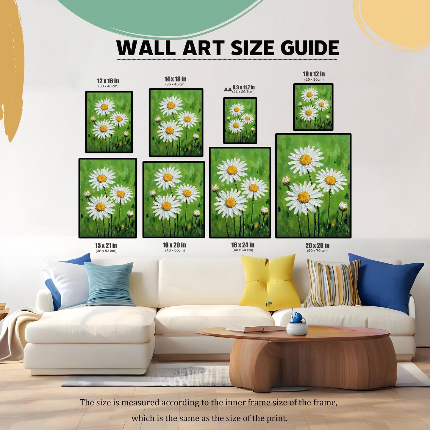 A wall art size guide showing various frame sizes of the daisy print in a living room setting, from 8.3x11.7 inches to 20x28 inches.