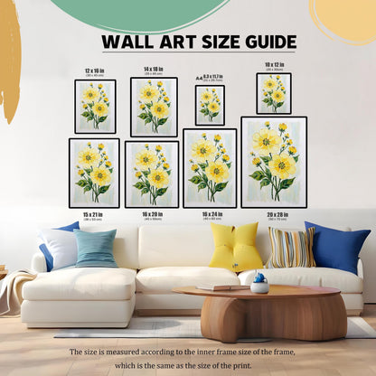 An image guide shows a white couch and the same yellow floral art print in multiple sizes, from 8.3 x 11.7 in to 20 x 28 in.