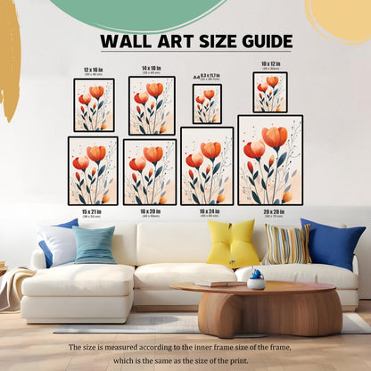 A wall art size guide displays the floral print in various sizes above a modern couch, helping to visualize how different dimensions would look.