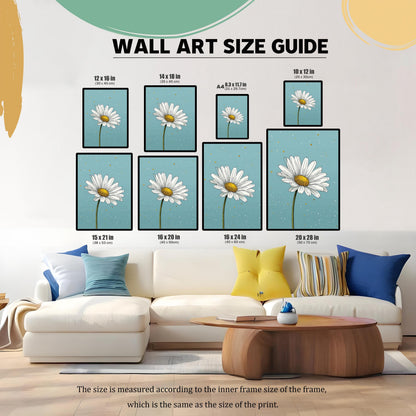 A wall art size guide displays the daisy print in various sizes above a modern couch, helping to visualize how different dimensions would look.