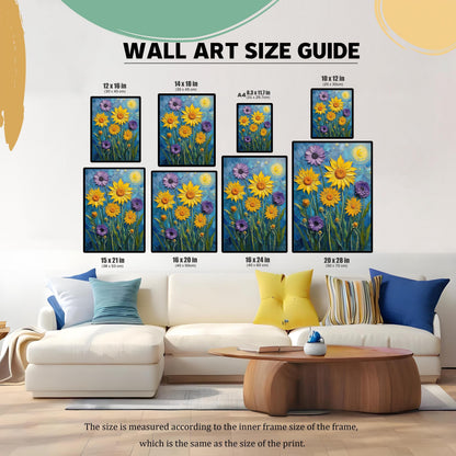 A wall art size guide showing the floral print in various sizes displayed above a couch, with dimensions in inches and centimeters.