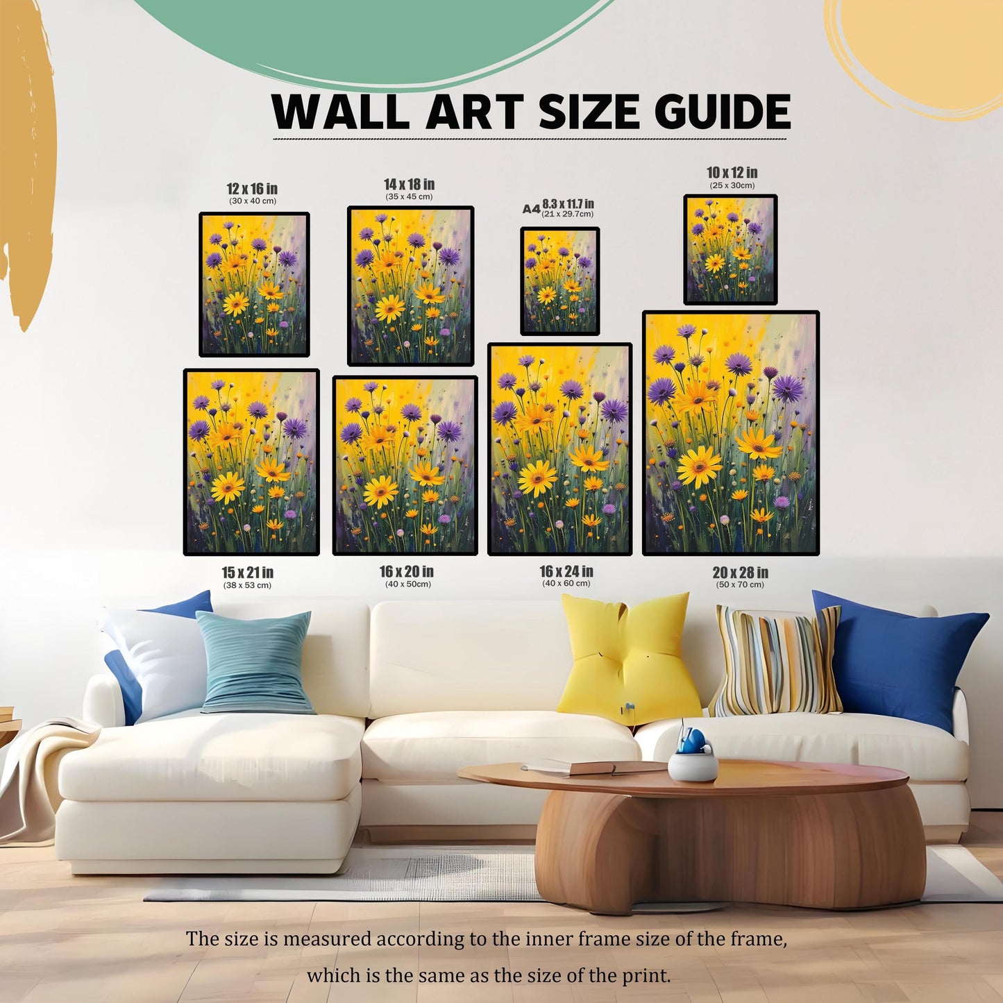 A wall art size guide showing the floral print in various sizes displayed above a couch, with dimensions in inches and centimeters.