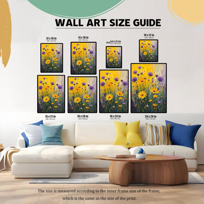 A wall art size guide showing the floral print in various sizes displayed above a couch, with dimensions in inches and centimeters.