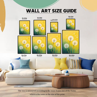 A size guide showing the dandelion art print in eight different sizes, displayed on a wall above a white sectional sofa.