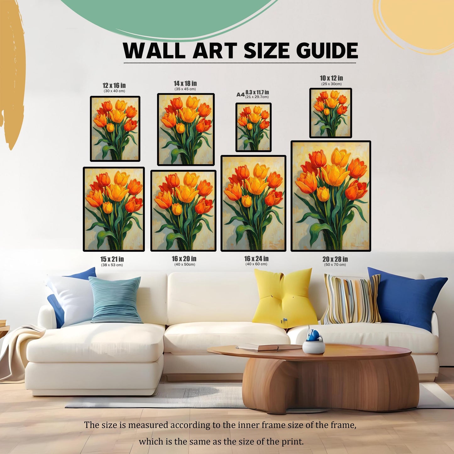 A wall art size guide showing a painting of tulips in eight different sizes, arranged above a white couch. The sizes are listed in both inches and centimeters.