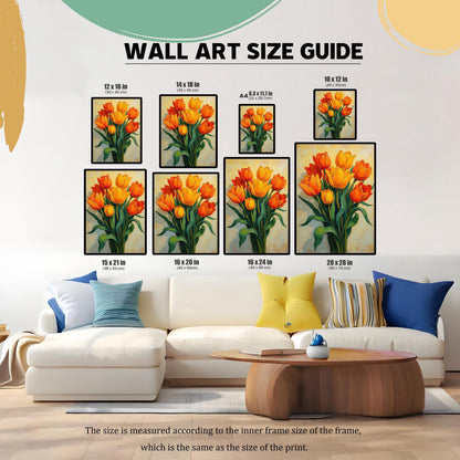 A wall art size guide showing a painting of tulips in eight different sizes, arranged above a white couch. The sizes are listed in both inches and centimeters.