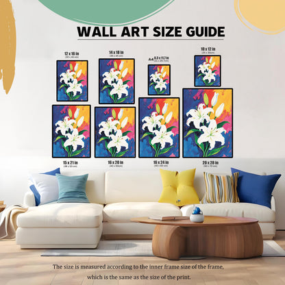 A size guide for wall art, showing the same lily painting in various sizes arranged above a white couch. The available sizes are listed in both inches and centimeters.