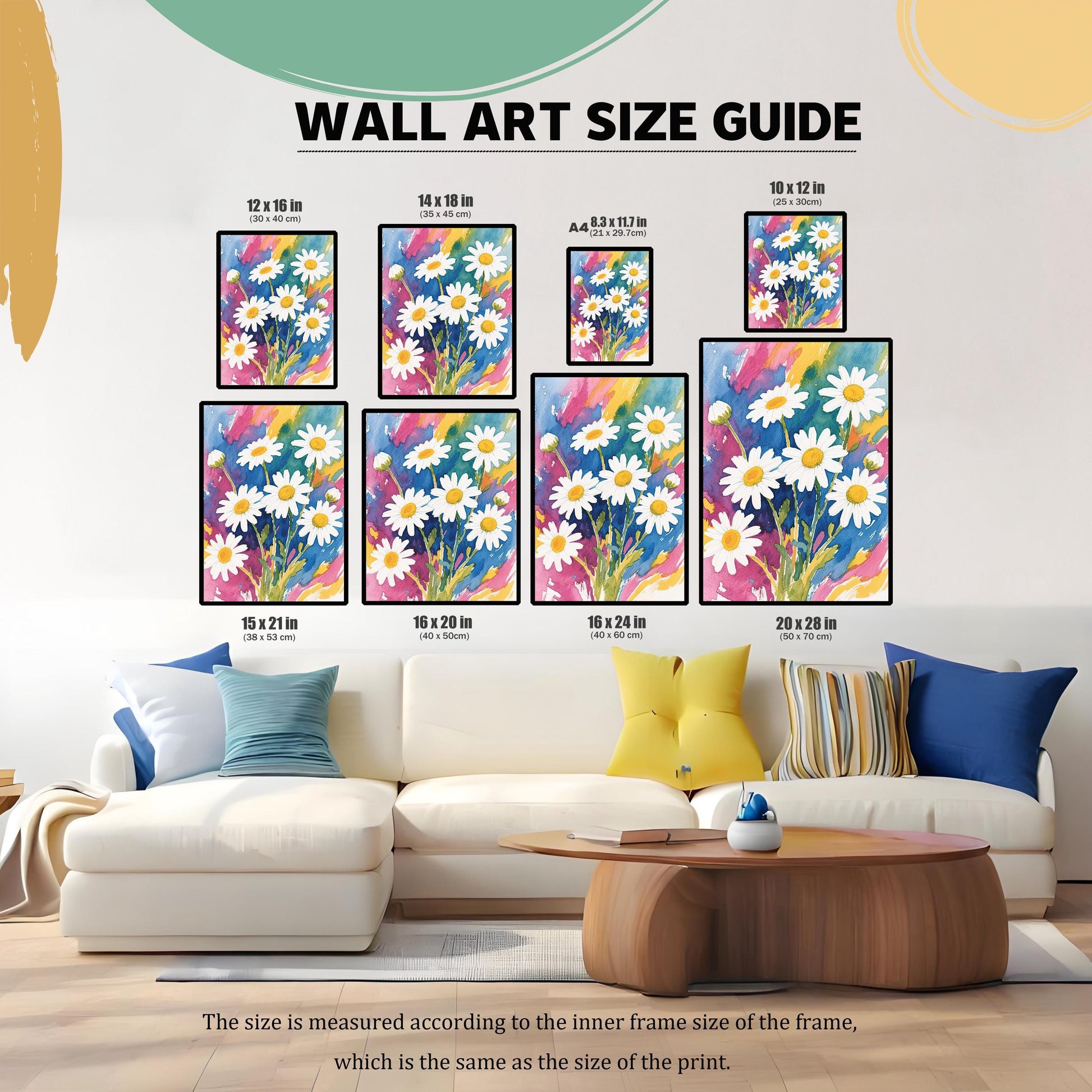 A wall art size guide showing various frame sizes of the daisy print in a living room setting, from 8.3x11.7 inches to 20x28 inches.