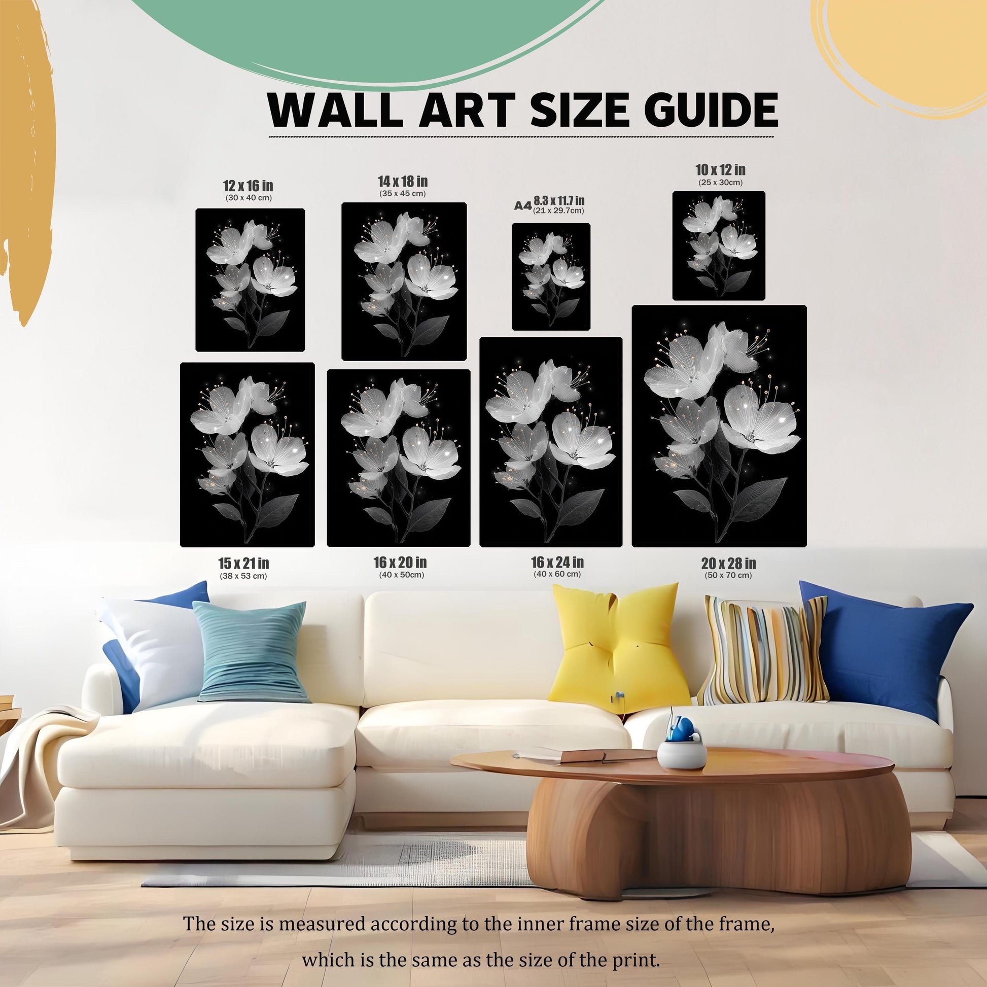 A wall art size guide showing multiple sizes of a white floral painting on a black background, illustrating different dimensions and their scale in a living room setting.