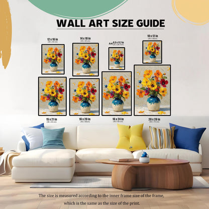 A wall art size guide showing multiple sizes of a floral vase painting, illustrating different dimensions and their scale in a living room.