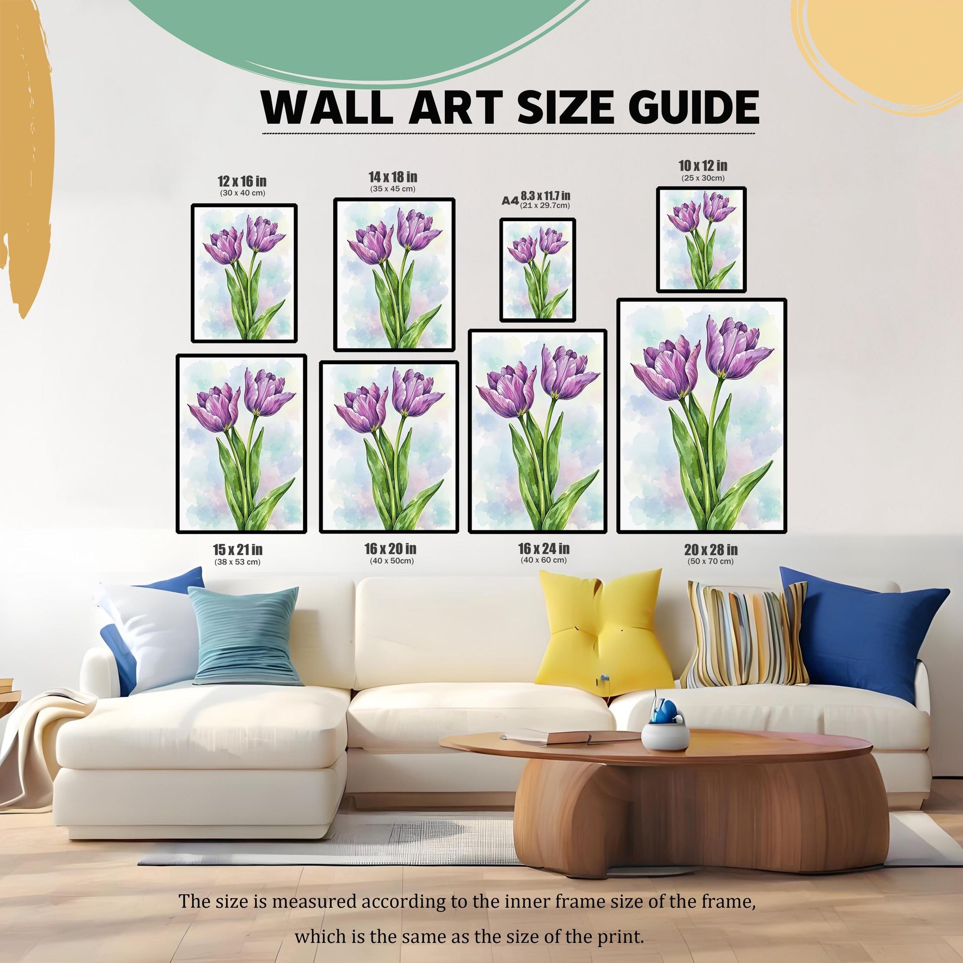 A size guide for wall art with eight different frame sizes arranged on a white couch. The sizes are 12x16, 14x18, 8.3x11.7 (A4), 10x12, 15x21, 16x20, 16x24, and 20x28 inches.