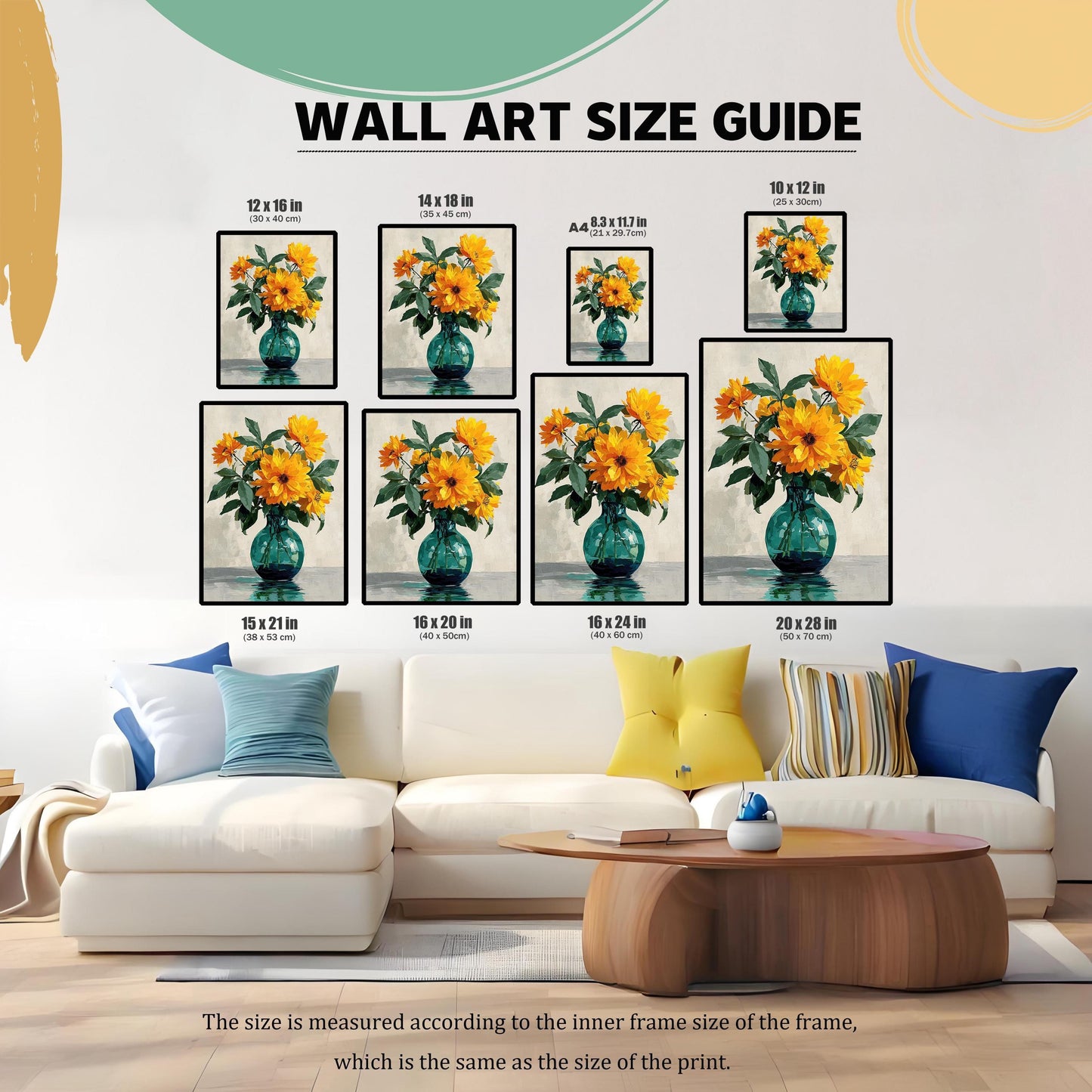 A wall art size guide displays eight different sizes of the framed floral print, with dimensions from 8.3x11.7 inches to 20x28 inches, arranged above a couch.