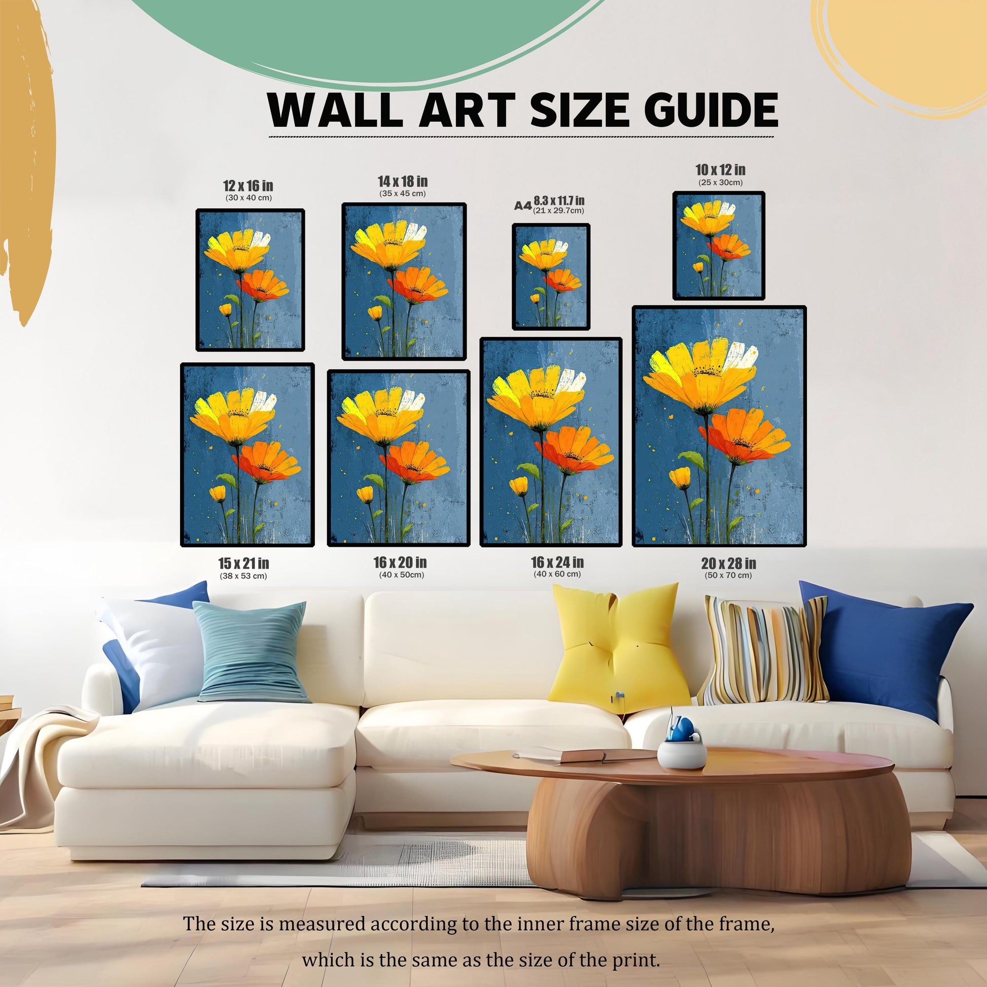 A wall art size guide displays eight different sizes of the framed floral print, with dimensions from 8.3x11.7 inches to 20x28 inches, arranged above a couch.