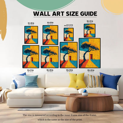 WALL ART SIZE GUIDE. An image demonstrating various framed print sizes placed above a white sectional sofa in a living room setting. Sizes displayed are 12x16, 14x18, A4 (8.3x11.7), 10x12, 15x21, 16x20, 16x24, and 20x28 inches (with corresponding cm measurements).