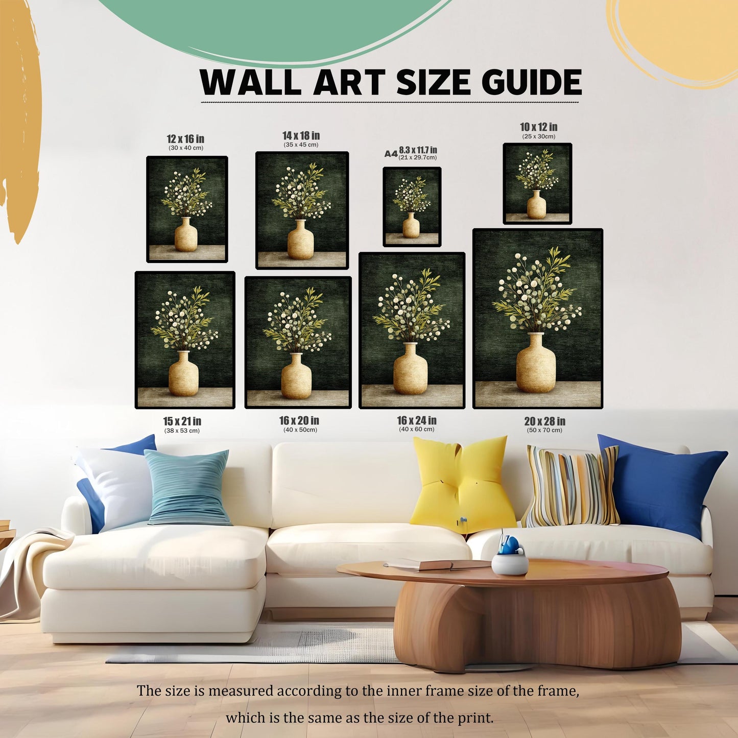 A Wall Art Size Guide graphic. It shows seven different sizes of the framed art print (12x16, 14x18, A4, 10x12, 15x21, 16x20, 16x24, 20x28) displayed on a wall above a white sofa to illustrate scale.